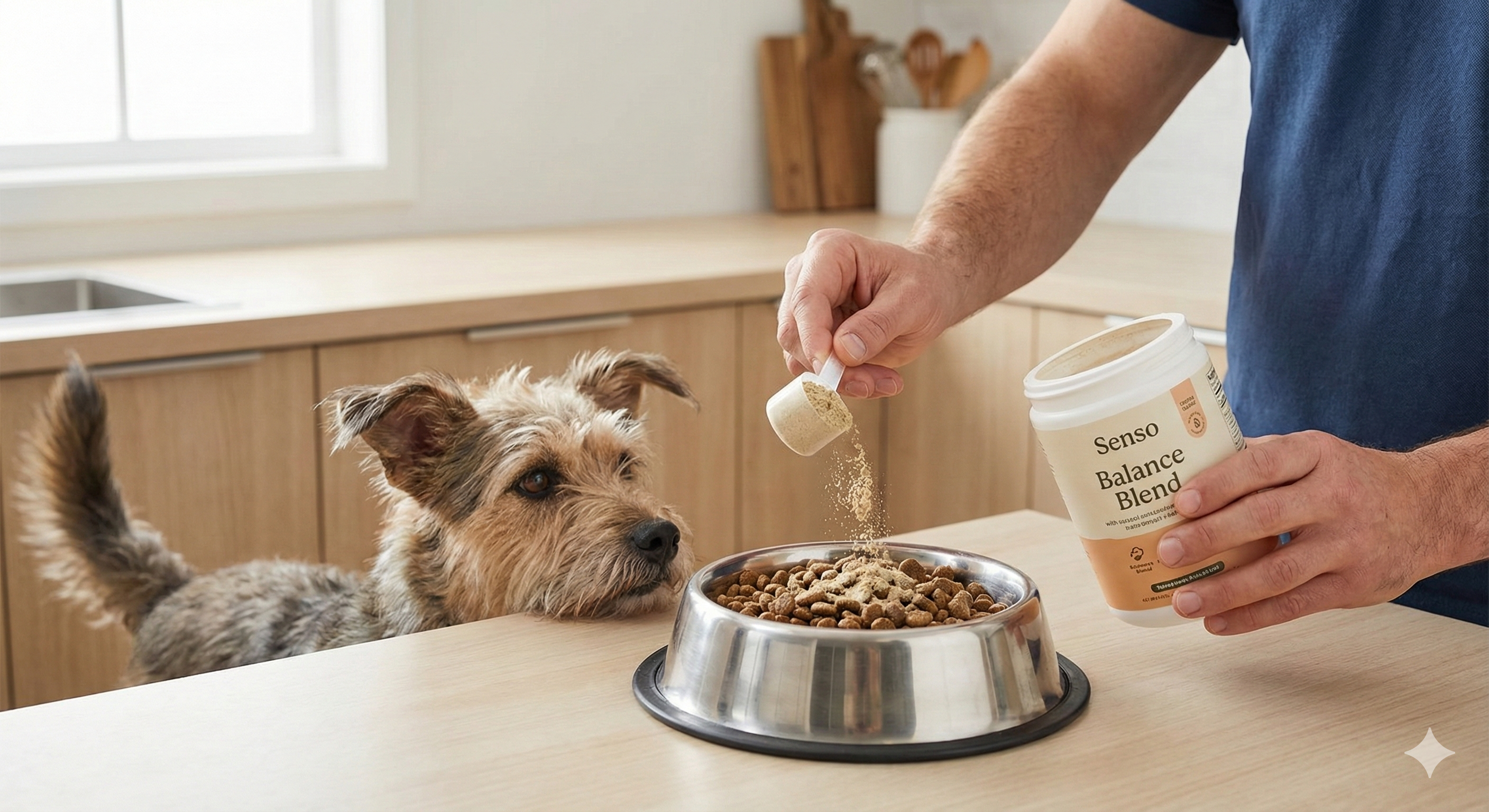 Owner adding Senso Balance Blend supplement to dog food bowl