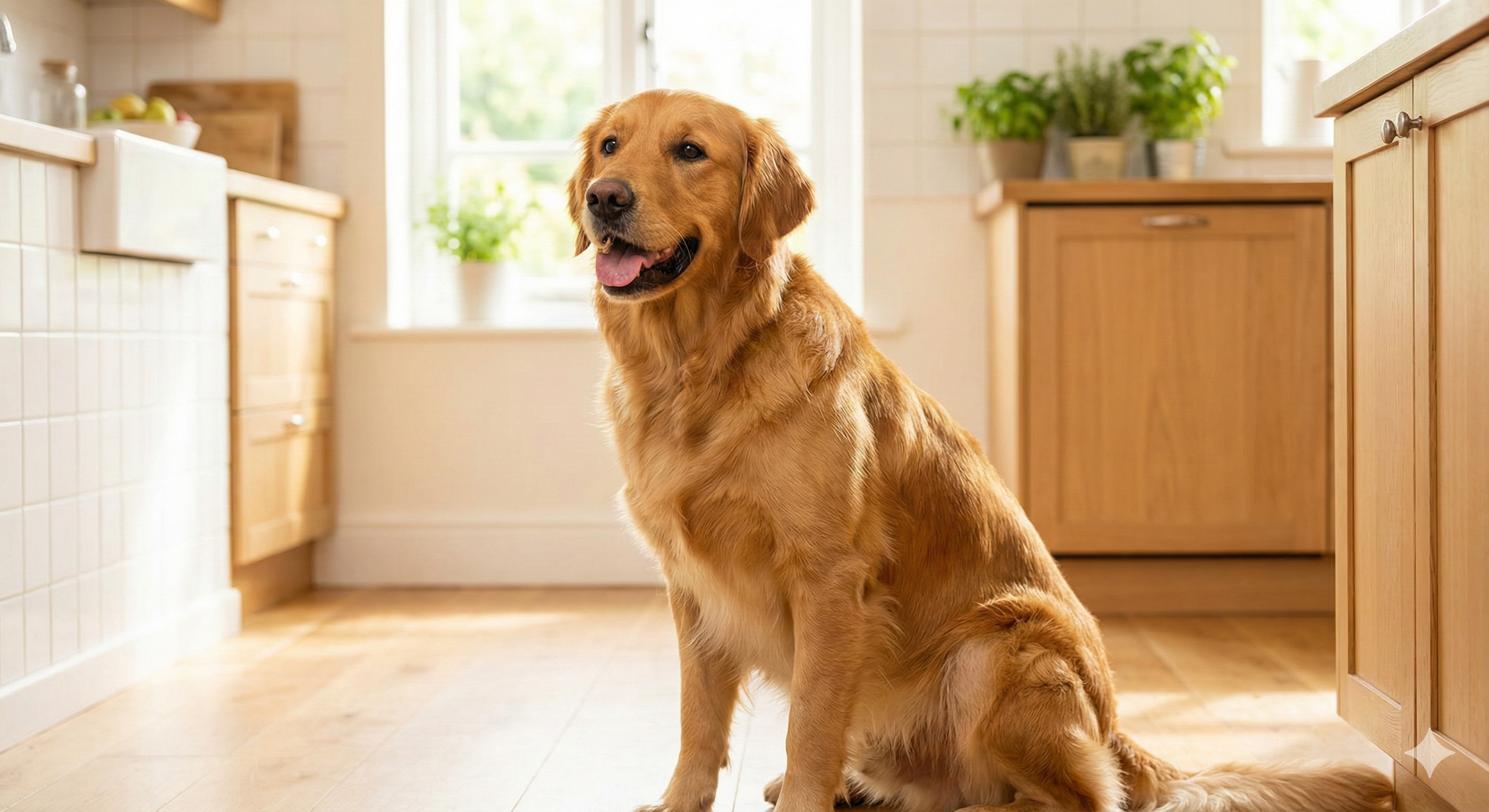 Happy healthy golden retriever sitting in a bright kitchen