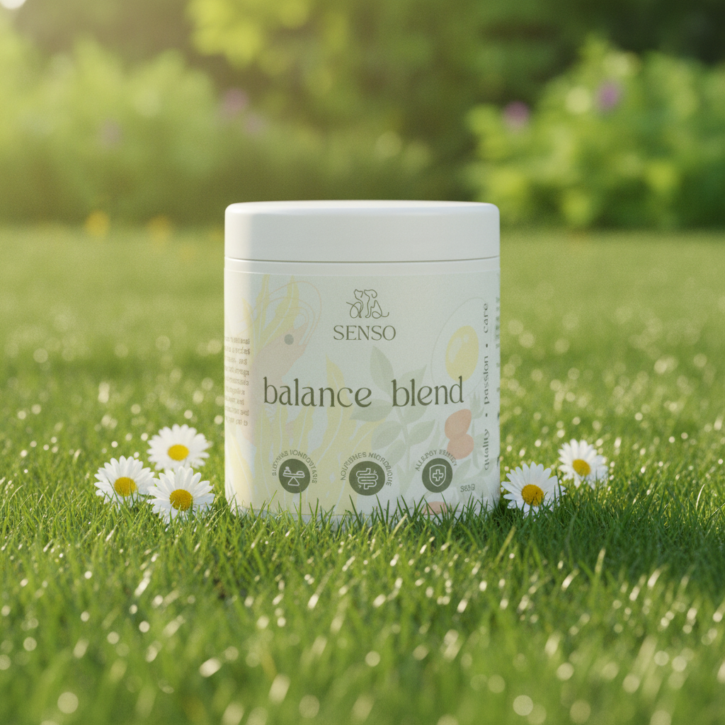 Balance Blend natural dog supplement in a summer garden